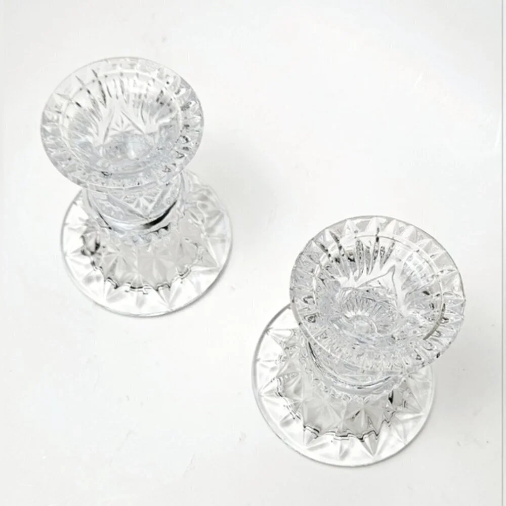 Vintage Cut Crystal Candle Holders Set of 2 MCM Glass Candlesticks